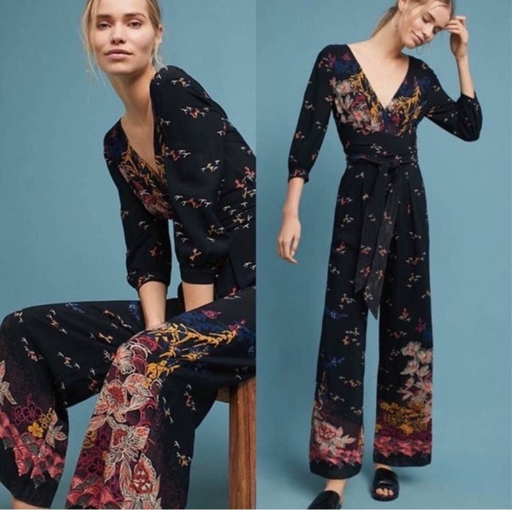 Anthropologie Feather Bone Women’s Nara Wide Leg Tie Waist Surplice Jumpsuit 2